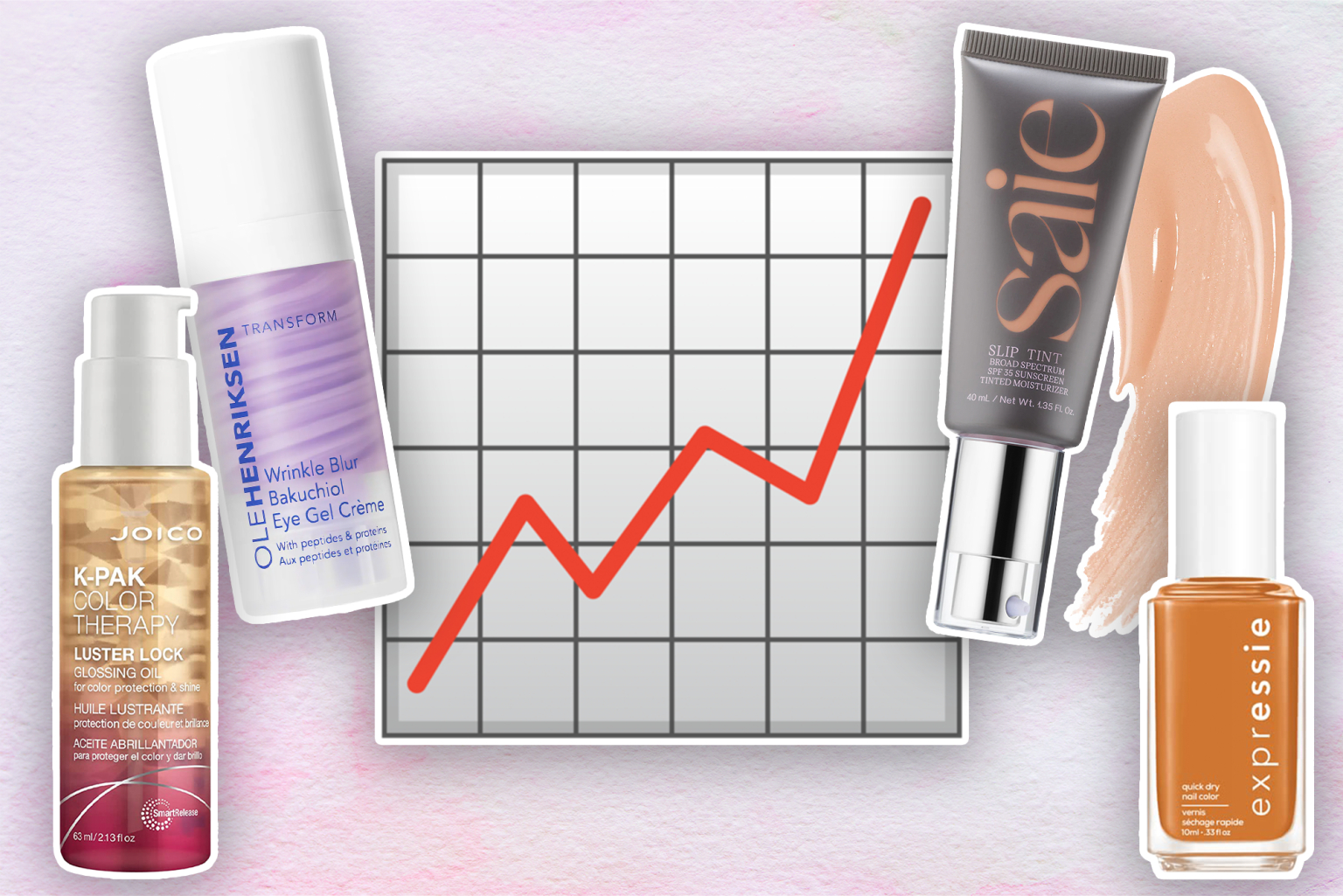 Assortment of makeup and beauty products including eye cream, lip tint, nail polish, and hair oil with a rising chart in the background.