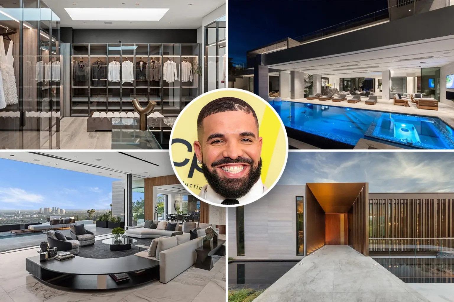 Luxurious modern home with a large closet, pool, and outdoor lounge areas and a picture of Drake in the middle.