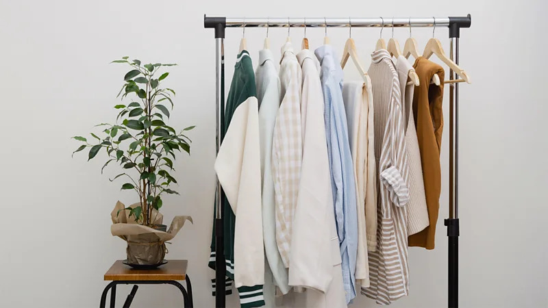 Clothing rack with various neutral-colored shirts, dresses, and a houseplant on a stool.