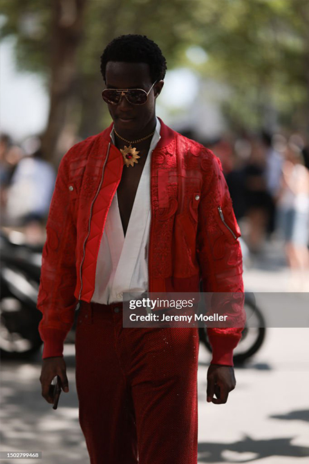 Wisdom in a bright red patterned suit jacket, white shirt, and red pants, 
                            accessorized with sunglasses and a necklace, strutting confidently in an outdoor setting.